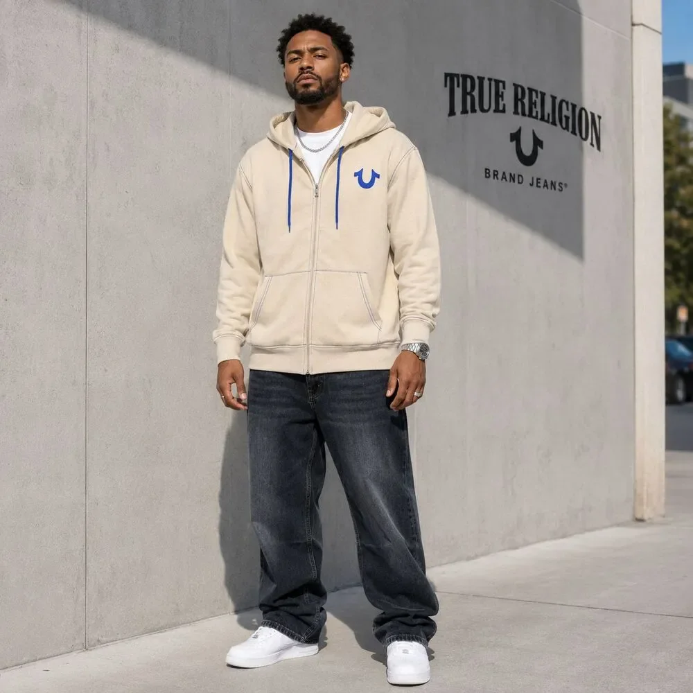 TRUE RELIGION Men's New MEDIUM Full Zip Hoodie Fog Beige Buddha Guitar 701400